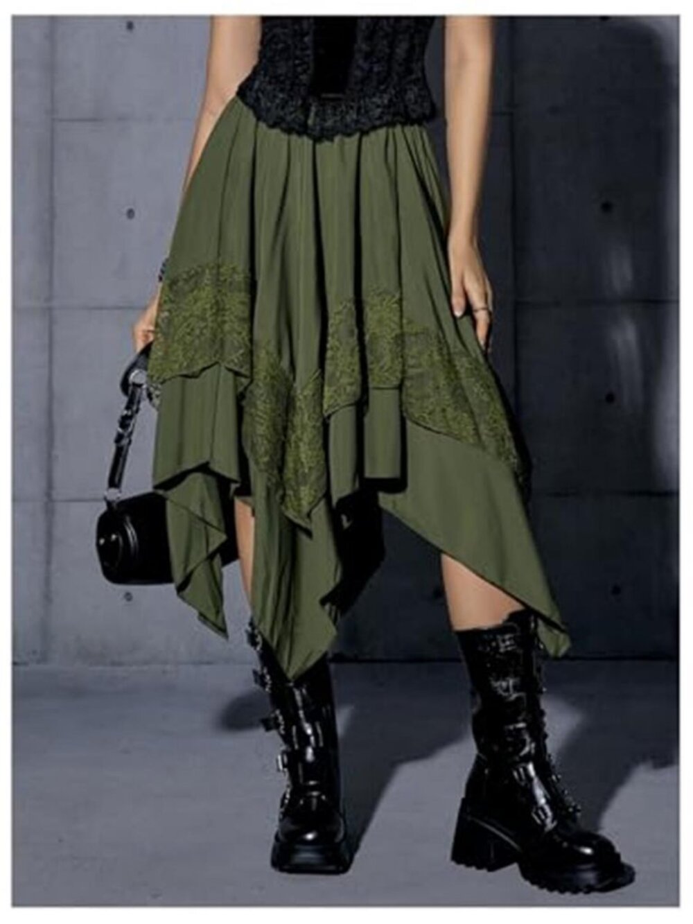 Olive Green Renaissance Fairycore Lace Handkerchief Hem Midi Skirt - Picture 6 of 6